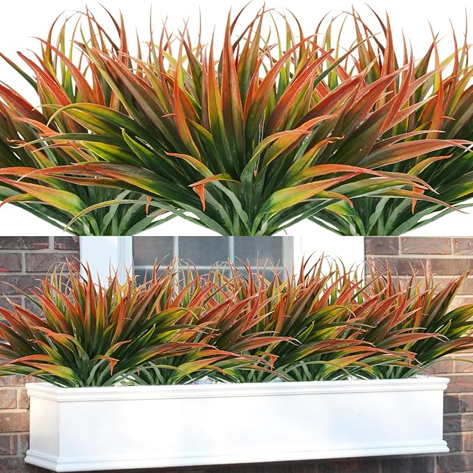 16Pcs Artificial Grass Fake Plants 17.3in Outdoor Plastic Plants UV Resistant Greenery Fake Grass for Home Window Garden Patio Hanging Planter Pathway Front Porch DÃ©cor Red