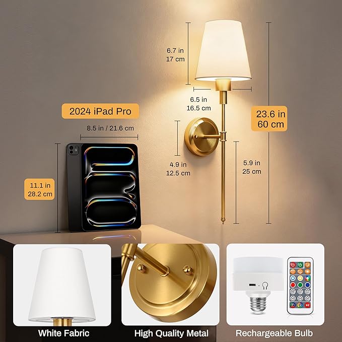 DORESshop Battery Operated Wall Sconce Set of 2, Wireless Wall Light Easy to