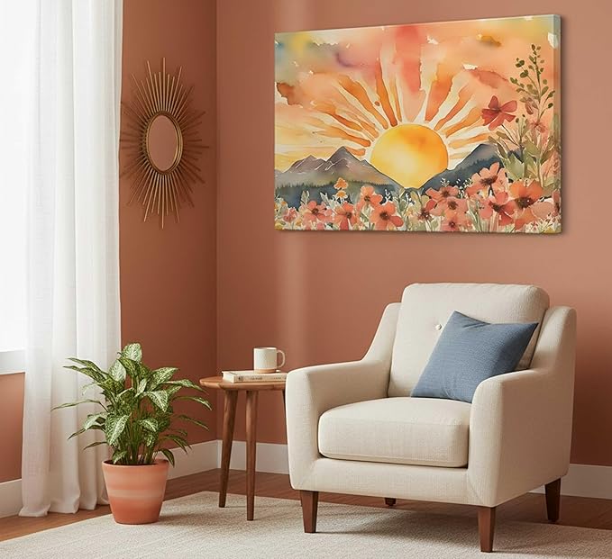 Boho Sun Canvas Wall art Mid-Century Modern Abstract Bohemian Sunset in The