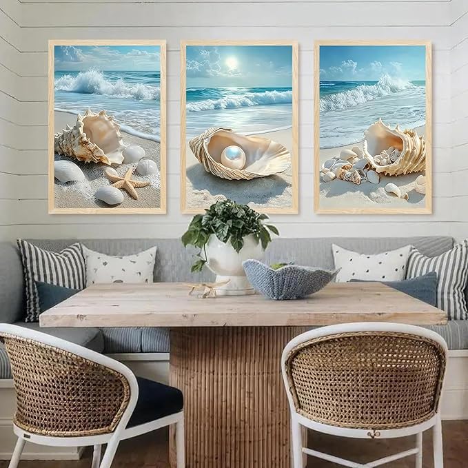 SYWENNOI 3 Piece Wood Framed Beach Wall Art, Sandy Shore, Pearl in Shell
