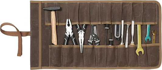 Tool Roll with 20 Slots, Heavy Duty 16oz Waxed Canvas Wrench Roll Up Organizer Bag with Straps, Multi-Purpose Tool Pouch for Metric, SAE (Grey)