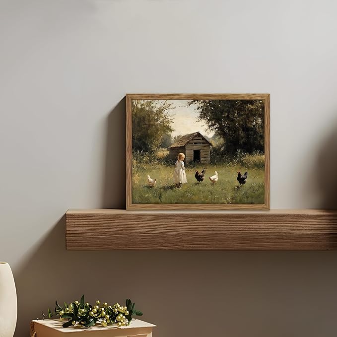 Vintage Country Framed Wall Art, Little Girl and Chick Canvas Prints, Rustic