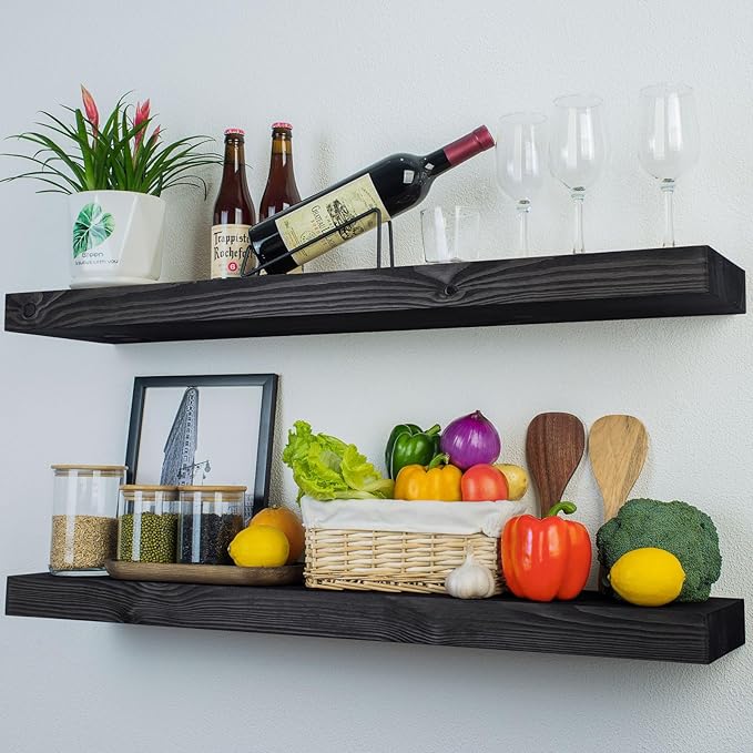 Wood Floating Shelves Set of 2, 36 Inch Long, 8 Inch Deep Solid Wood Wall
