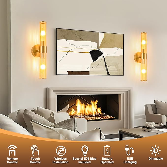 Morauroral Gold Battery Operated Wall Sconces Set of 2, Rechargeable Wall Lights
