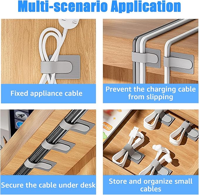 80PCS Hook and Loop Cable Ties, Hook and Loop Cable Straps, Under Desk Cable Management, Adhesive Cable Clips, Sticky-Back Cord Organizer for Desk, Household & Office Organization (White+Gray)