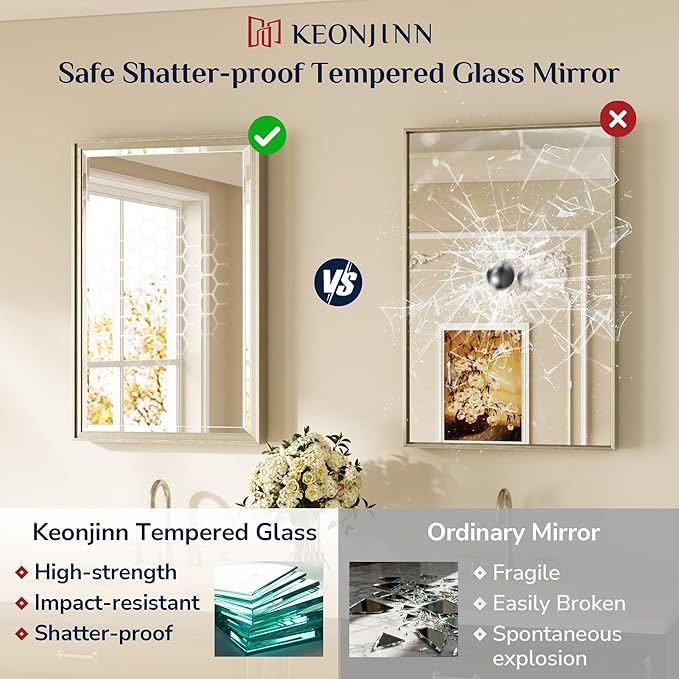 Keonjinn 40" x 30" Brushed Nickel Bathroom Vanity Mirror, Beveled Tempered Glass