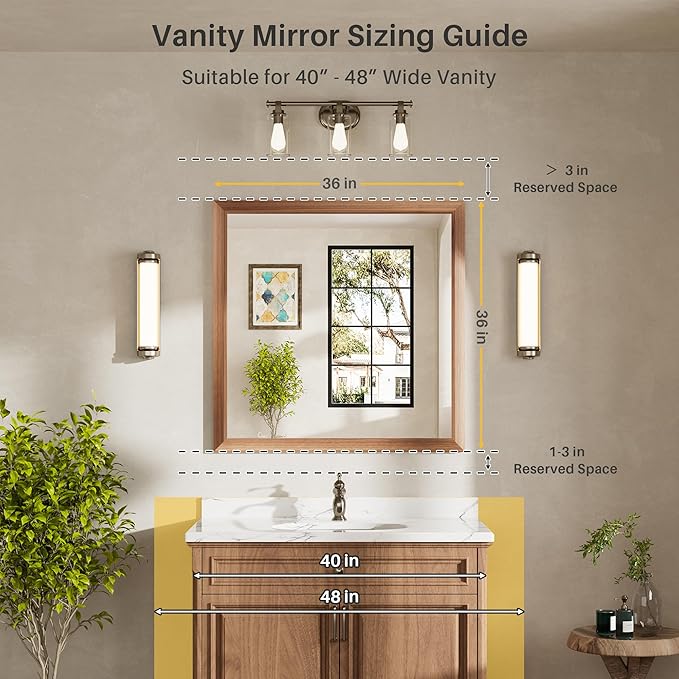 36x36 Inch Bathroom Mirror for Wall, Anti-Rust Walnut Wood Grain Metal Framed