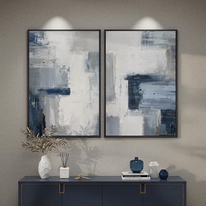 Large Framed Blue Gray Abstract Wall Art Set of 2, Modern Canvas Artwork