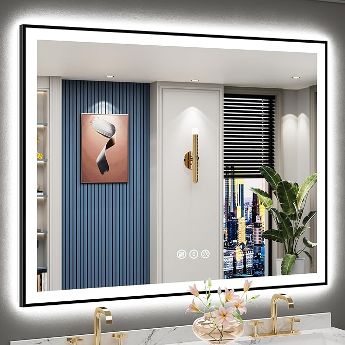 50x40 Black Framed LED Bathroom Mirror