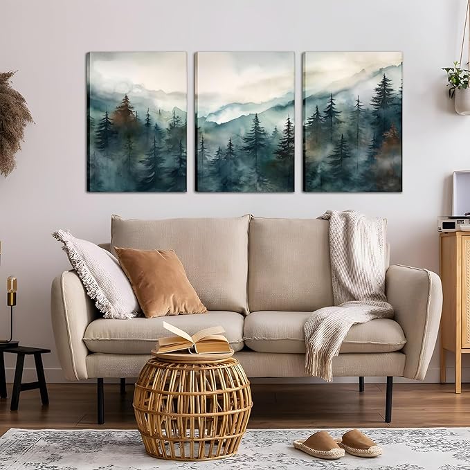 AKWISH Framed Green Forest Canvas Wall Art Set of 3, Boho Misty Watercolor Pine