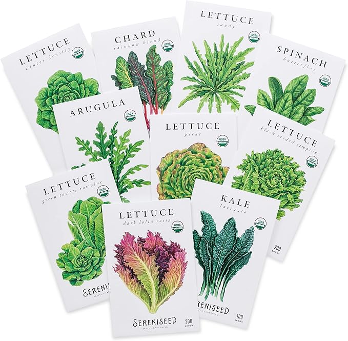 Sereniseed Certified Organic Leafy Greens Lettuce Seeds Collection (10-Pack) â 100% Non GMO, Open Pollinated â Grow Guide