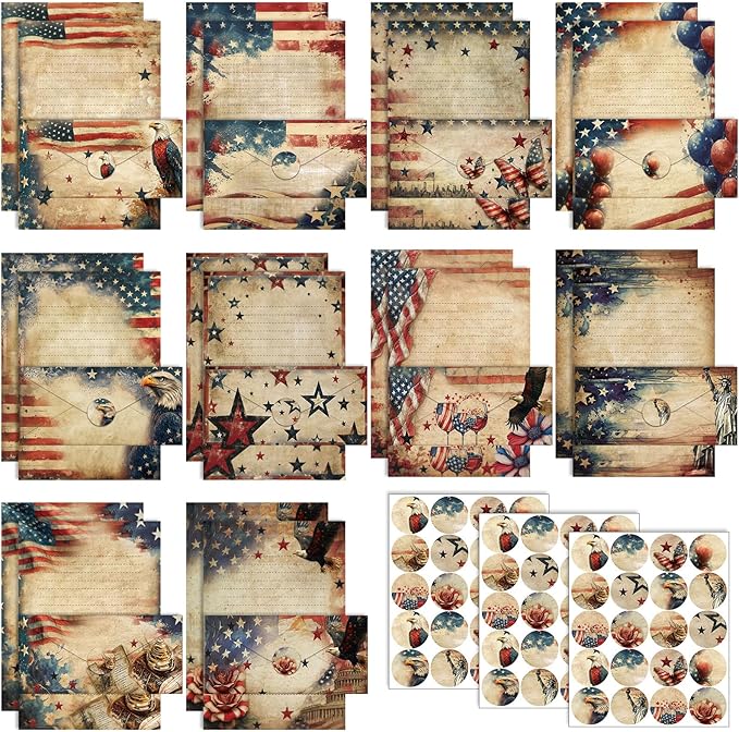 TaoBary 160 Pcs Stationery Paper Set 50 Double Sided Stationery Papers with 50 Matching Envelopes and 60 Round Dot Sticker, 10 Design(Patriotic,8.5 x 11 Inch)