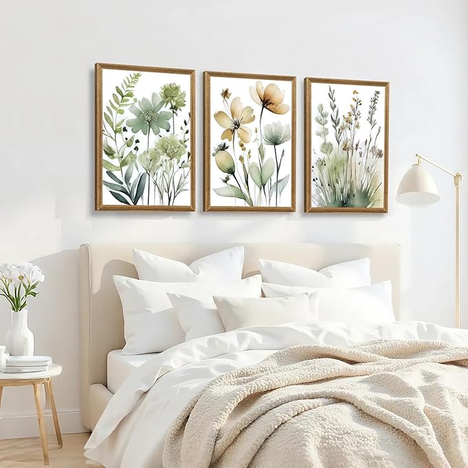 SYWENNOI Wood Framed Green Botanical Canvas Wall Art, Boho Floral Watercolor