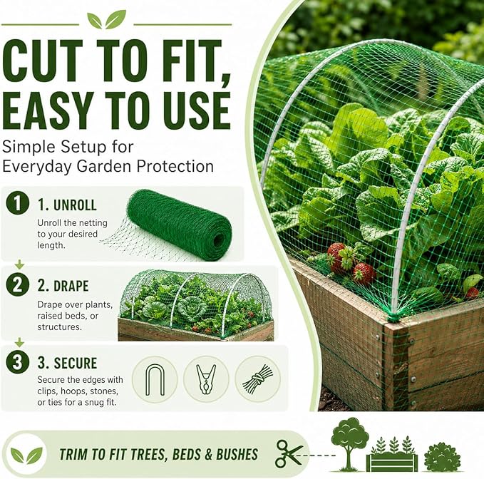 Garden Netting, 13 x 65 FT Bird Netting for Garden Plant Protection, Reusable Fine Mesh for Fruit Trees, Vegetable Plants, Blueberry Bushes, Raised Beds, Chicken Coop (13x65ft)
