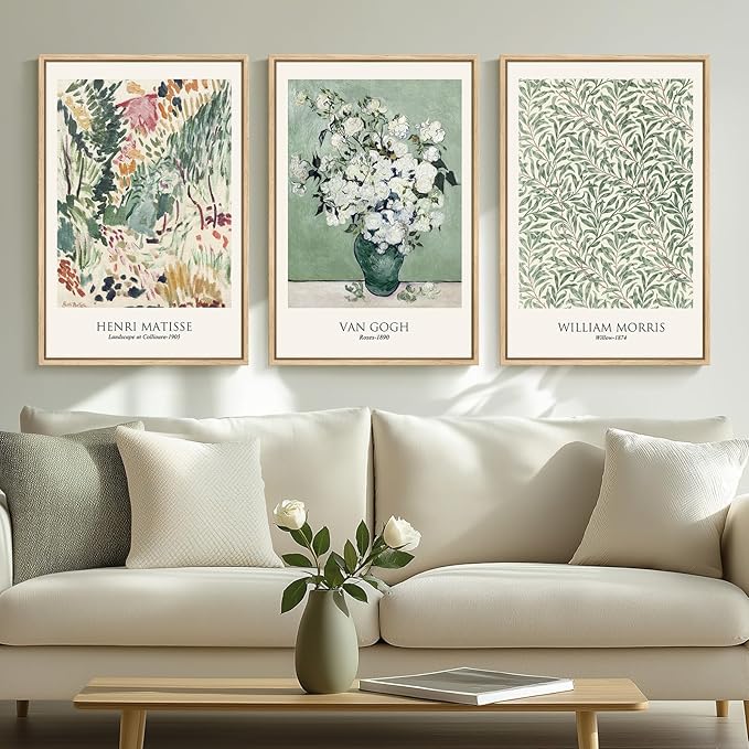 Framed Large Van Gogh Wall Art for Living Room, 3 Pieces Vintage Sage Green