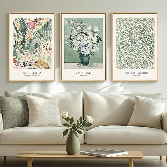 Framed Large Van Gogh Wall Art for Living Room, 3 Pieces Vintage Sage Green