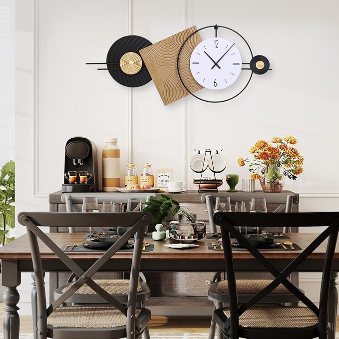 37.7X21Inch Large Modern Wall Clock Geometric Dial-Solid Wood Metal Frame
