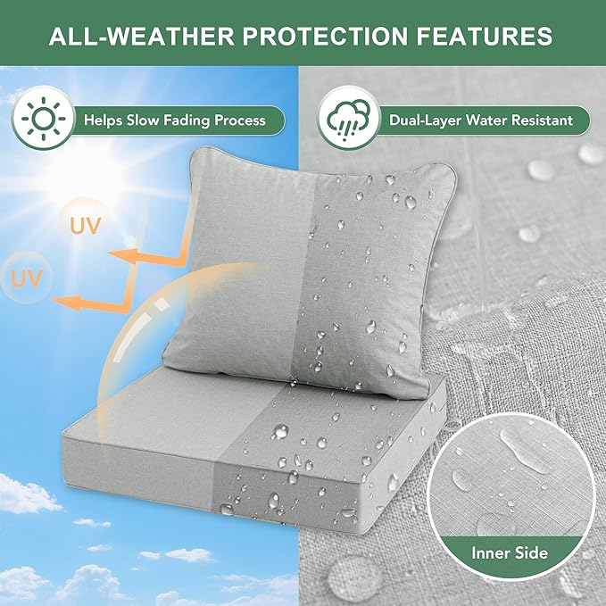 Summsun Patio Cushions for Outdoor Furniture, Faux Linen Water Resistant Backrest and Deep Seat Cushion Set with Non-Slip Bottom, Ties, Removable Cover, 22 x 22 Inch, Light Grey, Set of 4
