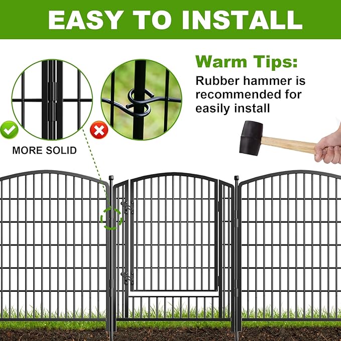 31in(H) x 26ft(L) No Dig Decorative Garden Fence with Gate, 12 Panels Rustproof Animal Barrier Metal Dog Fence Outdoor for Yard, Patio, Temporary Garden Fencing with Ground Stakes