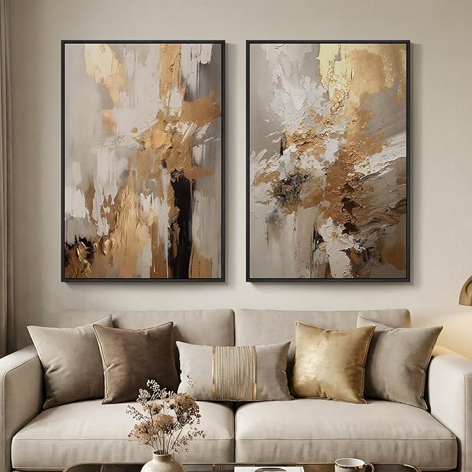 Large Framed Neutral Abstract Wall Art, 2 Piece Modern Canvas Prints Paintings