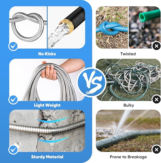 Itsonestep Garden Hose 100 FT, Metal Stainless Steel Water Hose with 10 Function Nozzles, No Kinks, Flexible Hose, Lightweight, Puncture Proof, Heavy Duty Hose for Yard and Outdoor, Silver