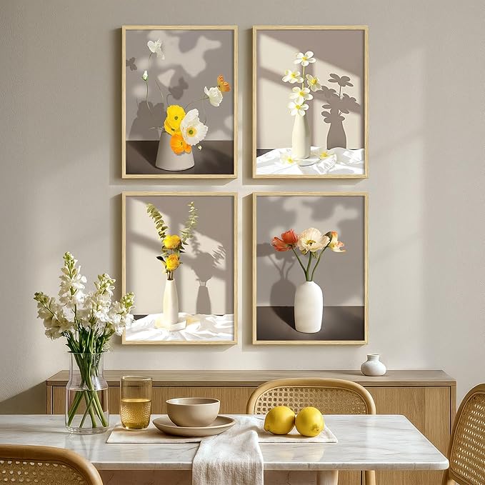 Framed Botanical Floral Wall Art, 4 Piece Yellow Flower Canvas Painting Prints