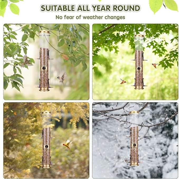 Metal Bird Feeder Tube Hanging Wild Bird Seed Feeder Aluminum Six Port Bird Feeders,1.4 mm Extra Thick Solid Tube Transparent with Steel Hanger Great for Attracting Birds (Bronze 2PK)