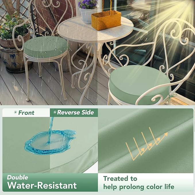 Summsun Outdoor Bistro Chair Cushions Set of 2, 15" D x 3" H Round Chair Cushions Waterproof and Fade Resistant Chair Cushion Pads with Non-Slip Ties and Removable Covers for Garden, Sage Green