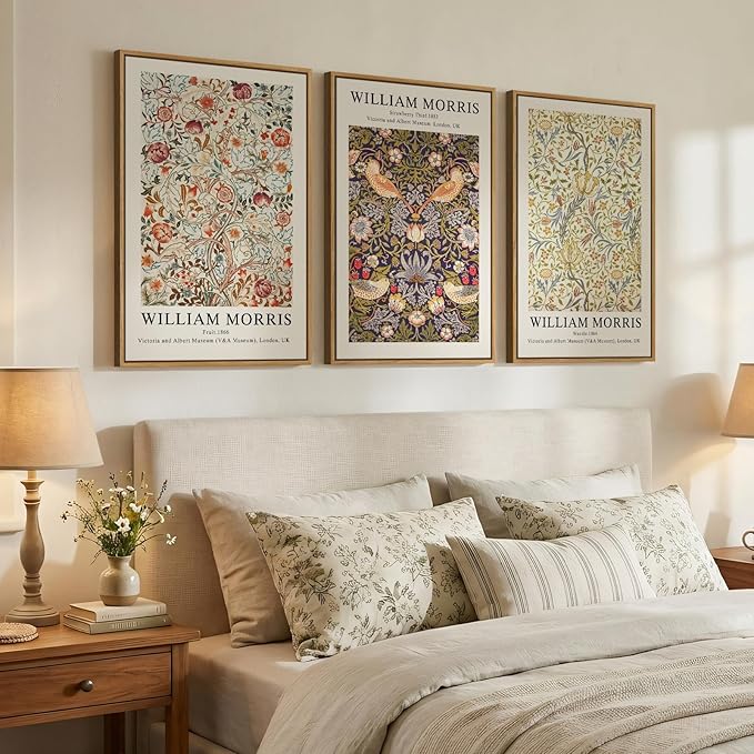 Large Framed William Morris Wall Art Set of 3, Vintage Strawberry Thief Canvas
