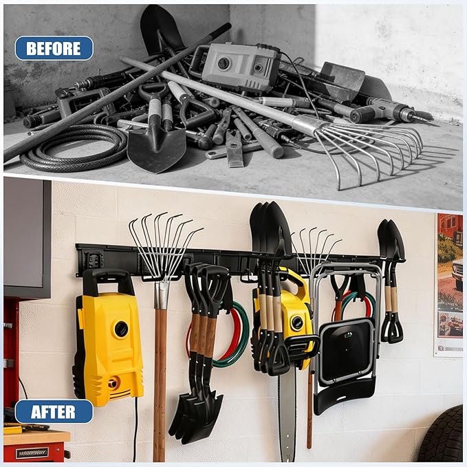 18Pack Garage Tool Organizer Wall Mount, 66'' Garage Wall Tool Organizer with 14 Adjustable Hooks, 750lbs Heavy Duty Garage Accessories for Men, Tool Hangers for Garage Wall Garden Yard Tool Shed