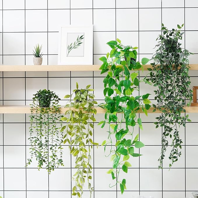 BLEUM CADE Fake Hanging Plants Mixed Set, Faux Hanging Potted Plants Greenery