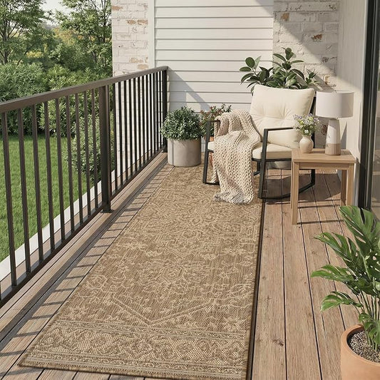 MontVoo-2x8 ft Indoor Outdoor Runner Rugs for Entryway Porch Hallway Kitchen Door Entrance Long, Textured Weave Polypropylene, Durable for High Traffic, Fade-Resistant, Vintage Medallion Neutral Brown