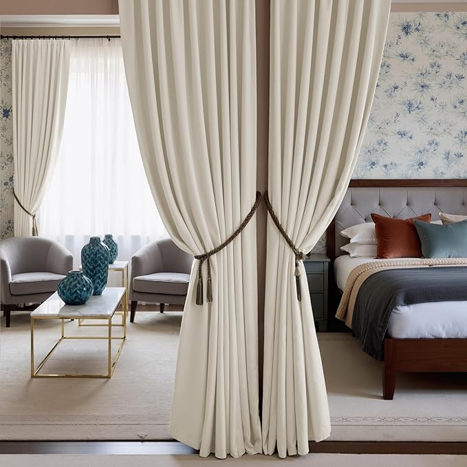 NICETOWN Thermal Insulated Velvet Curtains Ivory White 90 Inch Length, Heavy