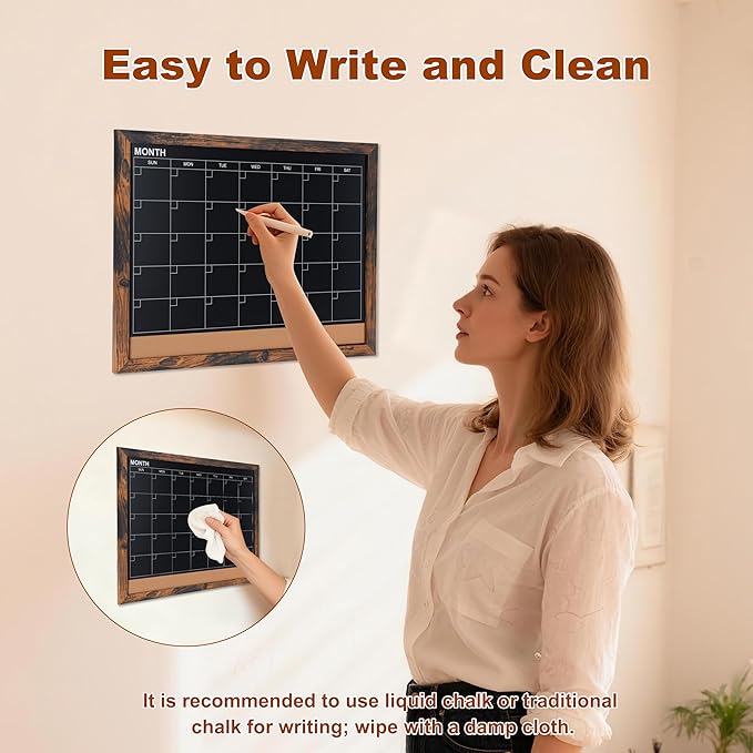 Chalkboard Calendar for Wall, Small Rustic Framed Magnetic Chalkboard & Cork