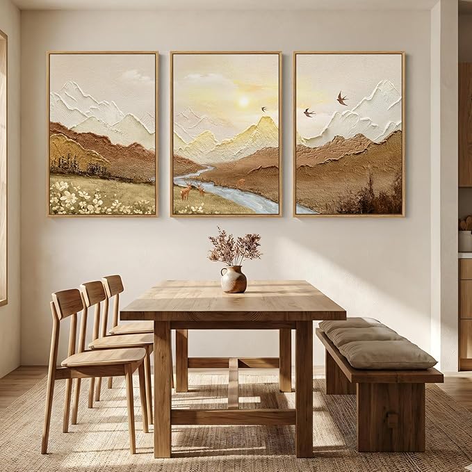 Framed Abstract Mountain Landscape Wall Art for Living Room, 3 Piece Brown Neutral Sunset Scenic Print Canvas Artwork for Walls, Large River Deer Bird Nature Wall Decor for Bedroom Office, 24x36 Inch