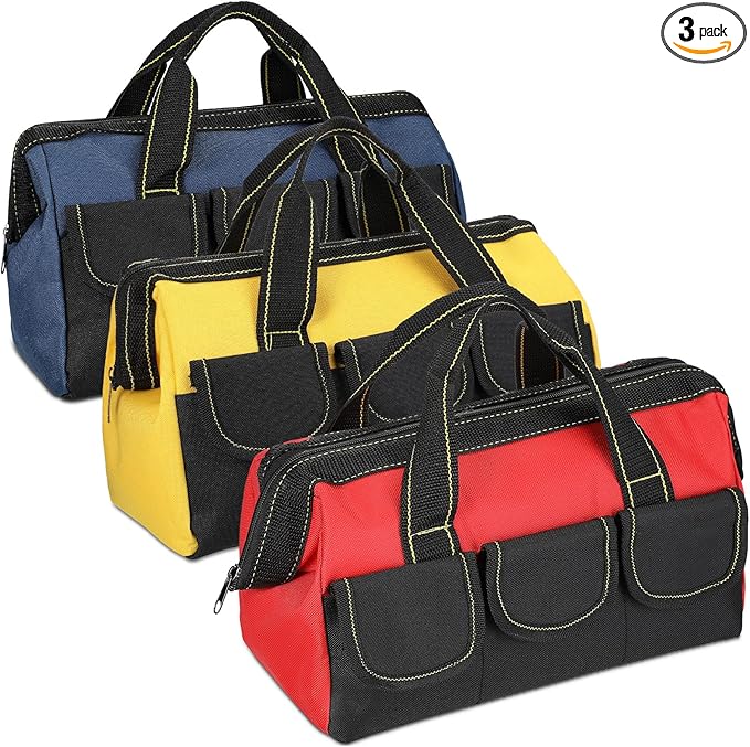 Sanwuta 3 Pack Tool Bag for Men with Waterproof Hard Bottom, Heavy Duty Tool Bag Wide Mouth Tote for Various Instrument, Electrician Carpenter Mechanic(Blue, Red, Yellow,18 Inch,Classic)