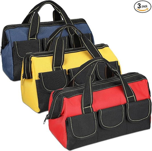 Sanwuta 3 Pack Tool Bag for Men with Waterproof Hard Bottom, Heavy Duty Tool Bag Wide Mouth Tote for Various Instrument, Electrician Carpenter Mechanic(Blue, Red, Yellow,18 Inch,Classic)