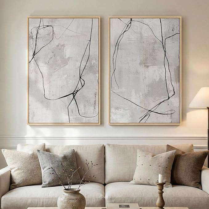 Large Framed Neutral Line Abstract Wall Art Set of 2