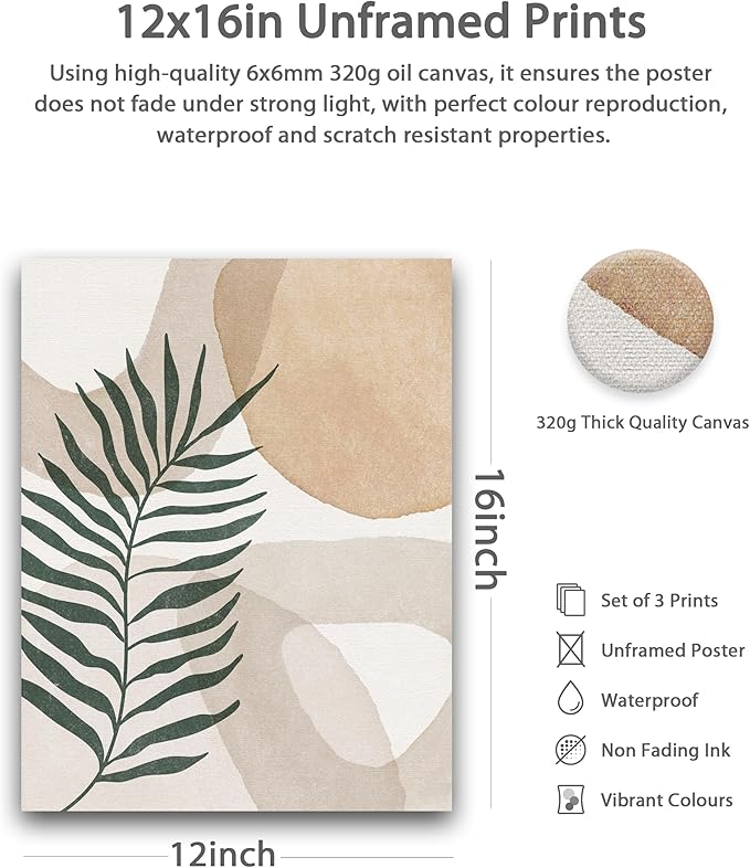 HesenDot Unframed Neutral Boho Wall Art Set of 3, 12x16in Botanical Leaves