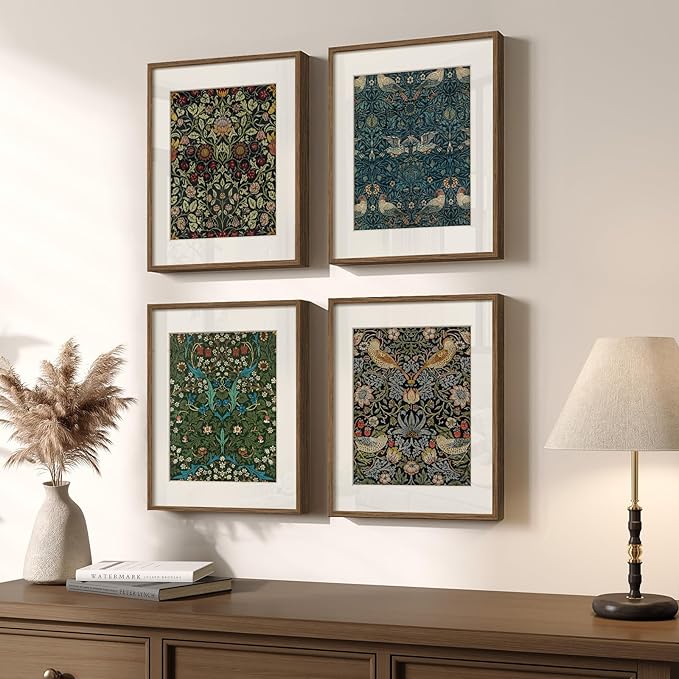 Framed William Morris Wall Art Set of 4, Vintage Botanical Floral Bird Prints
