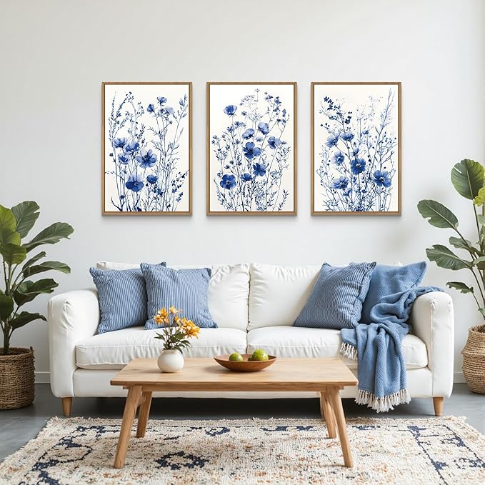 FWIEXA Blue White Wildflower Canvas Wall Art Set of 3, Framed Navy Chinoiserie Watercolor Botanical Pictures Wall Decor, Minimalist Floral Paintings Artwork, 16x24In Florals Prints for Living Room, Bedroom, Bathroom