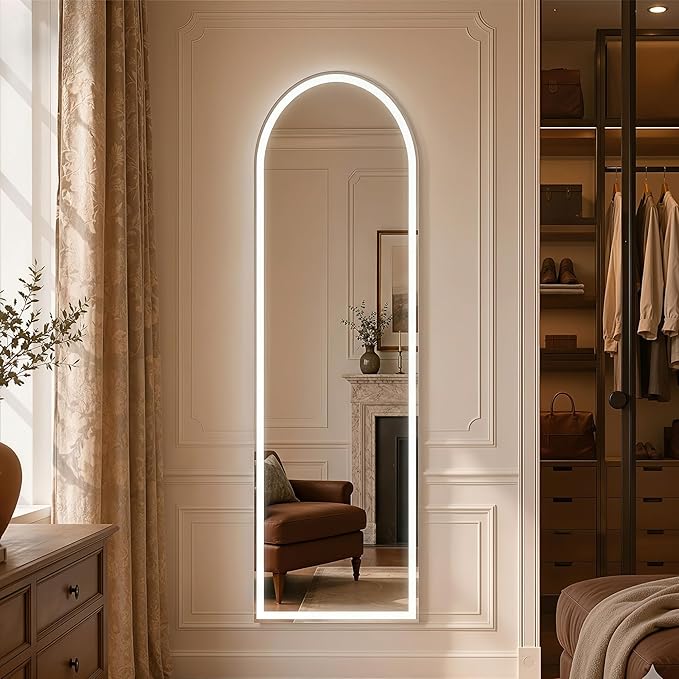 Arched Full Length Mirror with LED Lights, Body Floor Mirrors with Dimming & 3