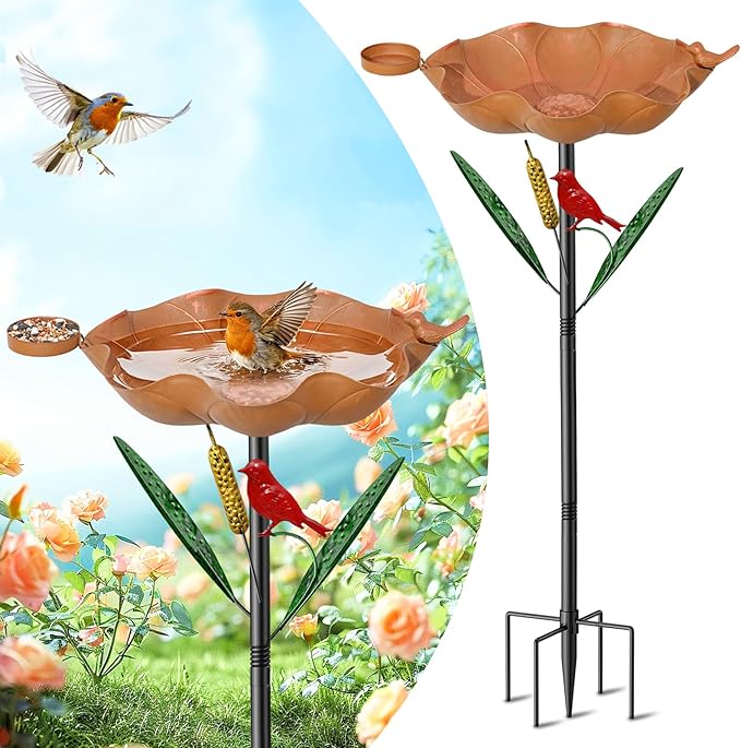 Bird Baths for Outside, Flower Metal Bird Feeder Water Bowl with 5 Prongs Base, 33.5" Freestanding Garden Birdbaths for Outdoors Patio Yard Lawn Art Decor