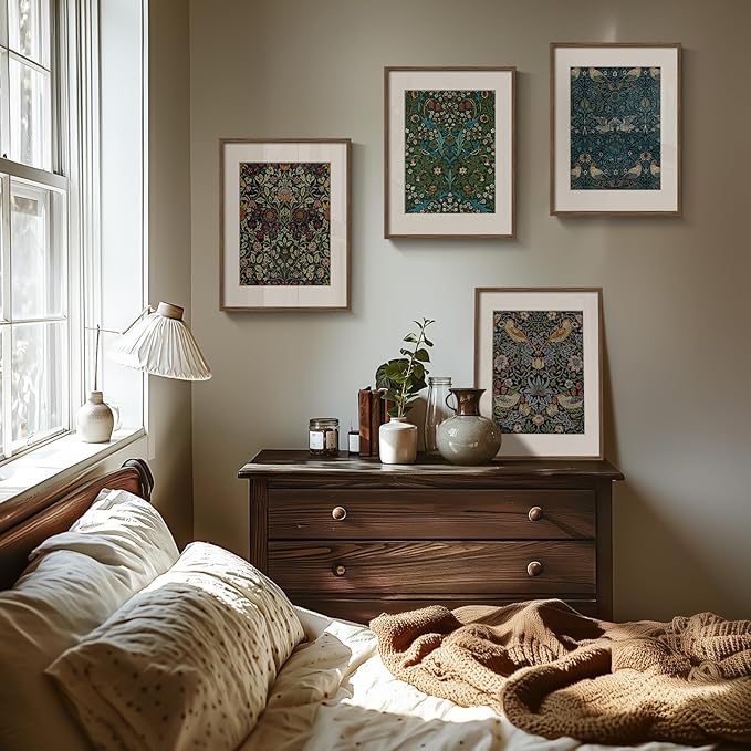 Framed William Morris Wall Art Set of 4, Vintage Botanical Floral Bird Prints