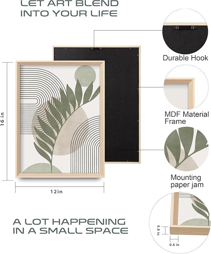 HesenDot Boho Sage Green Framed Wall Art, 12x16in High Framed Design Canvas