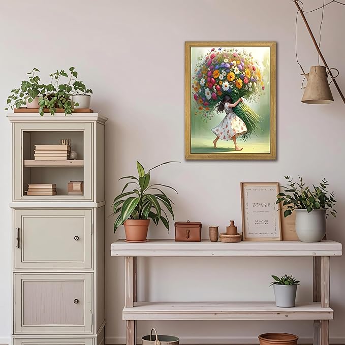 Wood Framed Pink Wildflower Canvas Wall Art, Girl Hugging Flowers Poster Prints