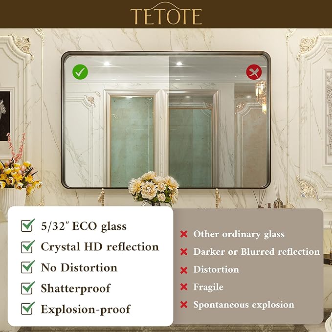 TETOTE 72 x 36 Inch Black Bathroom Mirror, Rectangle Matte Metal Frame Wall