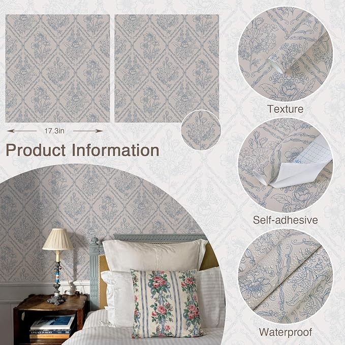 Toduso Peel and Stick Wallpaper Vintage Wall Paper Boho Contact Paper Blue