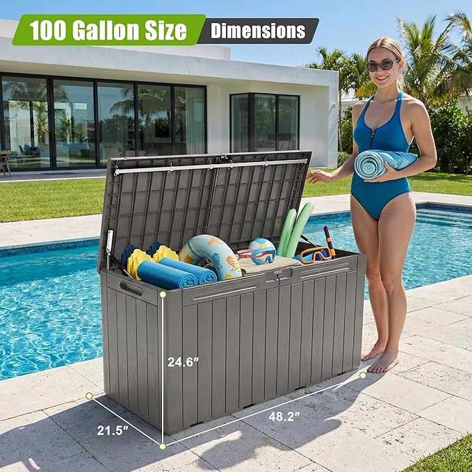 Flamaker Resin Deck Box 100 Gallon Large Lockable Outdoor Storage Box Waterproof Deck Chest for Patio Cushions, Garden Tools, Accessories (Brown)