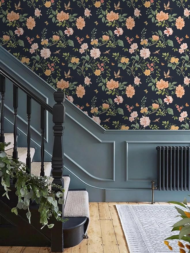 Froluya Dark Blue Floral Peel and Stick Wallpaper Vintage Floral Contact Paper